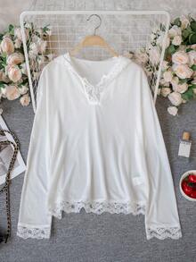 2026 Spring/Summer New Women's V-Neck Long Sleeve Top, Elegant Casual Sweet Minimalist Street Style, Delicate Lace Hollow-Out Patchwork Craftsmanship, Soft White Textured - White - View 8