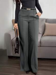 (No Belt) Plus Size Solid Color Pocket Office Daily Commute Elegant Dress Pants Spring - Dark Grey - View 2