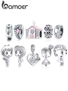 bamoer 1件925纯银婚礼主题吊坠，心跳男孩女孩串珠手链/项链DIY配件，情人节礼物 - 銀色 - 查看 1