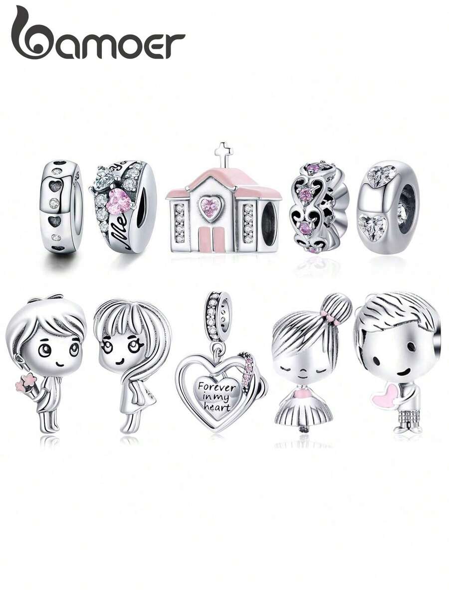 bamoer 1件925纯银婚礼主题吊坠，心跳男孩女孩串珠手链/项链DIY配件，情人节礼物 - 銀色 - 查看 1