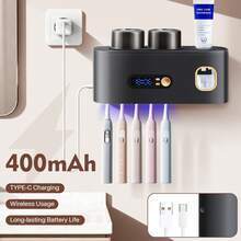 Smart Toothbrush Sterilizer (1 Unit) - USB Charging + Clock - 5-Slot Storage Brush Holder - Includes 2 Cups + Automatic Toothpaste Dispenser - Modern Bathroom Plastic Storage Rack For Dental Hygiene Essentials - Xám - Xem 5
