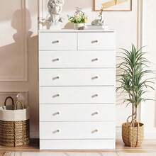 White 7 Drawer Dresser For Bedroom, Modern Wood Dresser Chest Of Drawers, Rustic Bedroom Dressers Nightstand, Anti-Tipping Device, Rose Gold Metal Handle, Living Room, Hallway, Office - 白色 - 查看 2