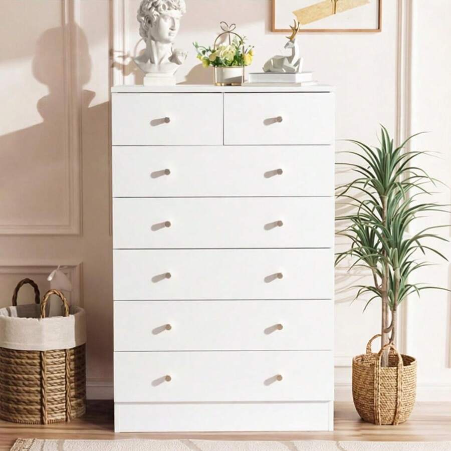 White 7 Drawer Dresser For Bedroom, Modern Wood Dresser Chest Of Drawers, Rustic Bedroom Dressers Nightstand, Anti-Tipping Device, Rose Gold Metal Handle, Living Room, Hallway, Office - trắng - Xem 1