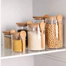 1pc Transparent Plastic Storage Jar With Bamboo Lid And Spoon, Airtight Moisture-Proof, Suitable For Kitchen Storage Of Sugar, Spices, Tea, Coffee, Flour, Nuts, Grains, Bath Salts And More - Kitchen Gadget - Multicolor - View 4
