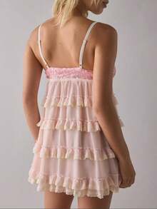 Women's Sequin Lace Edge Ruffled Mini Dress Multi-Layered Spaghetti Strap Sleeveless Cute Bow Decor Short Dress For Club Party - 粉色 - 查看 2