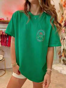 Womens Y2k Coconut Tree Oversized Shirts Tops Coconut Tree/Letter Print Short Sleeve Round Neck Loose Fit Tee Shirt Summer Vintage Aesthetic Baggy Tee - 綠色 - 查看 5