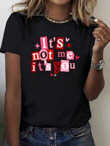 1pc It's Not Me It's You Graphic Print Casual Crew Neck T-Shirt For Women, Camiseta Con Estampado Gráfico, Comfortable Fit Graphic Tees, Suitable For All Seasons, Daily Wear Clothes, School Wear, Street Wear Tops - 黑色 - 查看 3
