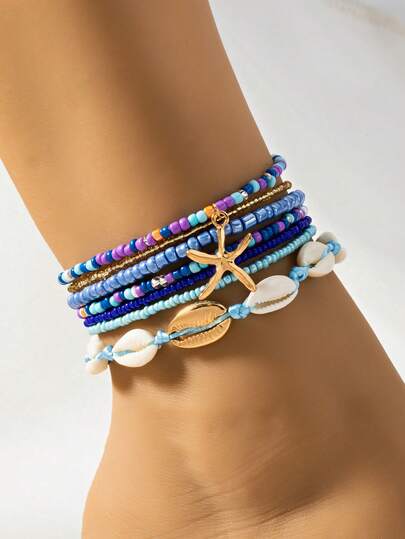 1 Set Bohemian Style Colorful Beaded Shell & Starfish Anklet, 7pcs Summer Beach Holiday Accessories