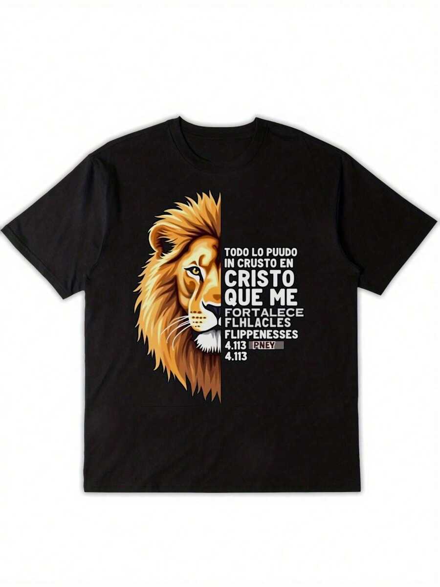 Camiseta Gráfica Cristiana para Hombre "León de Judá" - Negra con Diseño de Versículo Bíblico en Español Marcos 1:17, Ropa de Fe, Impresión Digital Duradera, Manga Corta, Cuello Redondo, Estilo Casual para Eventos Religiosos y Uso Diario - Negro - Ver 1