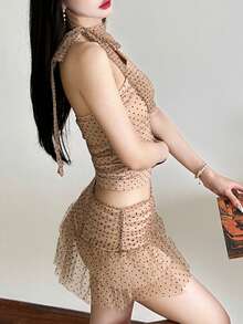 Top Dazzle Women Sexy Party Halter Polka Dot Mesh Two Pieces Outfit With Slight Stretch Fabric Vacation Carnivals - Khaki - View 4