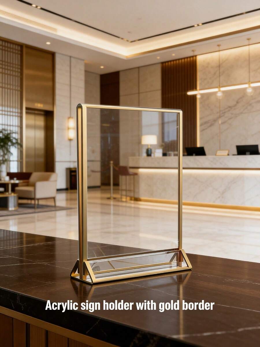 1个金色边框亚克力菜单展示架 - 带可拉出的透明桌卡,适用于经典装饰风格,可用作餐厅菜单架、咖啡厅桌面收纳架,商业及家用皆宜,是2026年春季婚礼装饰、复活节早午餐、母亲节装饰礼物、简约桌面收纳架、咖啡厅升级配件的理想之选。 - 查看 1