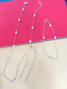 一套优雅复古念珠手链项链耳环首饰套装，时尚高端法式复古风格项链，适合女性，适合派对、日常佩戴、节日礼物。 - 橢圓珠 - 查看 4