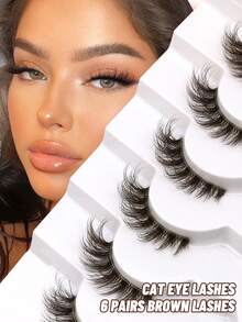 Lasvirey 6对棕色半截假睫毛，自然妆效，C型整条假睫毛，短款猫眼假睫毛，轻盈柔软，交叉浓密型假睫毛，适合各种派对场合 - 查看 2