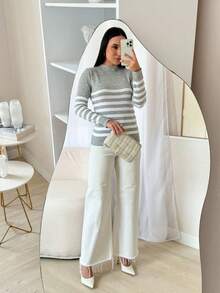 Women's Striped Long-Sleeved Sweater - 石楠灰 - 查看 4