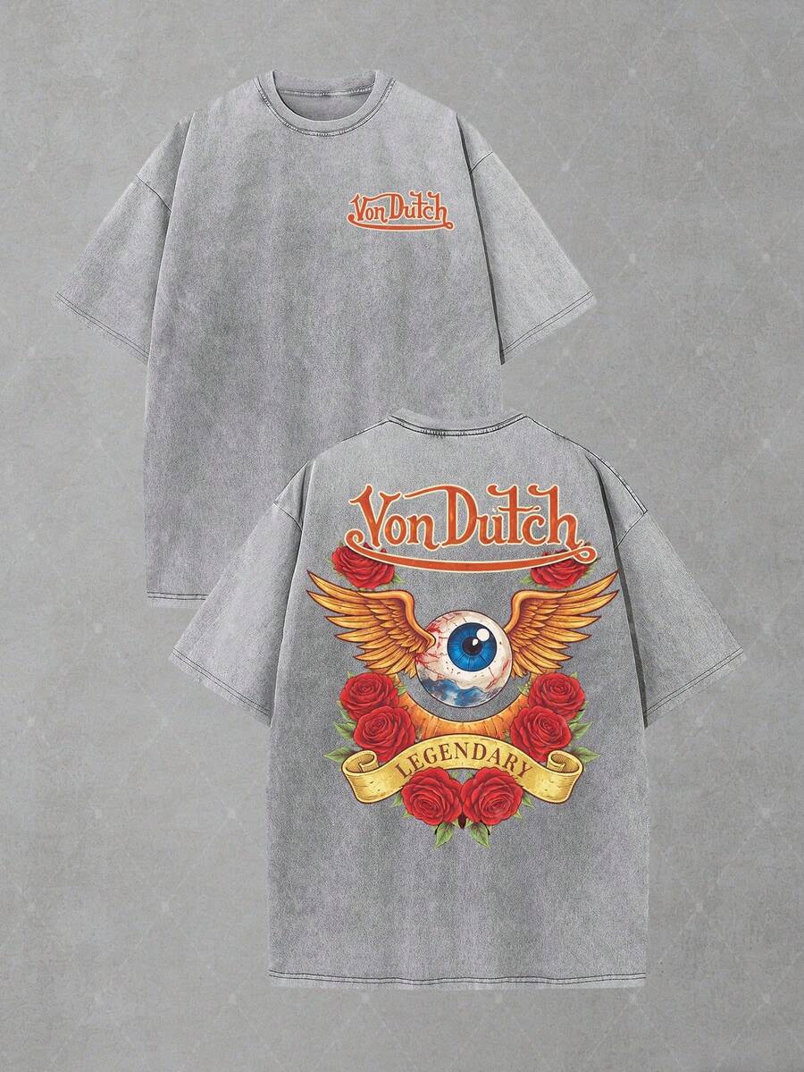 Van Dutch Eagle Skull Badge Graphic Men's Vintage Washed Oversized Crew Neck Short Sleeve T-Shirt - Lightweight Comfort Cotton For Daily Casual & Punk Outfits,  Gift For Gothic Fans, Camisas Para Hombre, Oversized Mens Shirt - Xám - Xem 1
