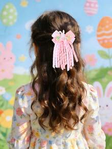 2个装复活节兔子发夹，橡胶材质，可作彩蛋/糖果摇摇乐，鳄鱼夹，可爱白色粉色流苏发夹，闪亮兔子装饰发卡，甜美可爱复活节发卡，青少年发饰 - 粉色 - 查看 2