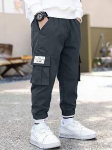 Young Boy Cargo Pants With Pockets, Casual Versatile Everyday Wear - Dark Grey - View 1