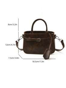 Bolso de mano cuadrado pequeño para mujer, estilo casual retro, con bloques de color, textura, correa de lona y hebilla, versátil para uso diario - Café - Ver 6