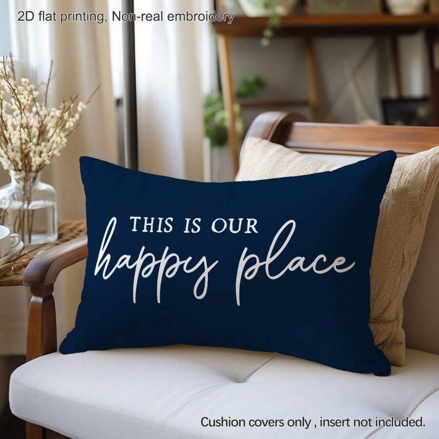 MEMNUN 1pc Deep Blue Background Warm Quote "This Is Our Happy Place" Printed Decorative Throw Pillow Cover [No Pillow Insert], 11.81*19.71in(30*50cm)/15.75*23.62in(40*60cm), [Single-Sided Print] Polyester Cushion Cover For Sofa, Bed, Living Room, Bedroom, Car, Office, Hotel Decor, Perfect Gift For Family And Friends, All Seasons