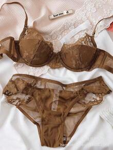Lace Trim Lingerie Women, Minimizes Large Busts, Provides Support And Prevents Sagging, Style, Desire Style Bra Set, New Model - 橄欖綠 - 查看 10
