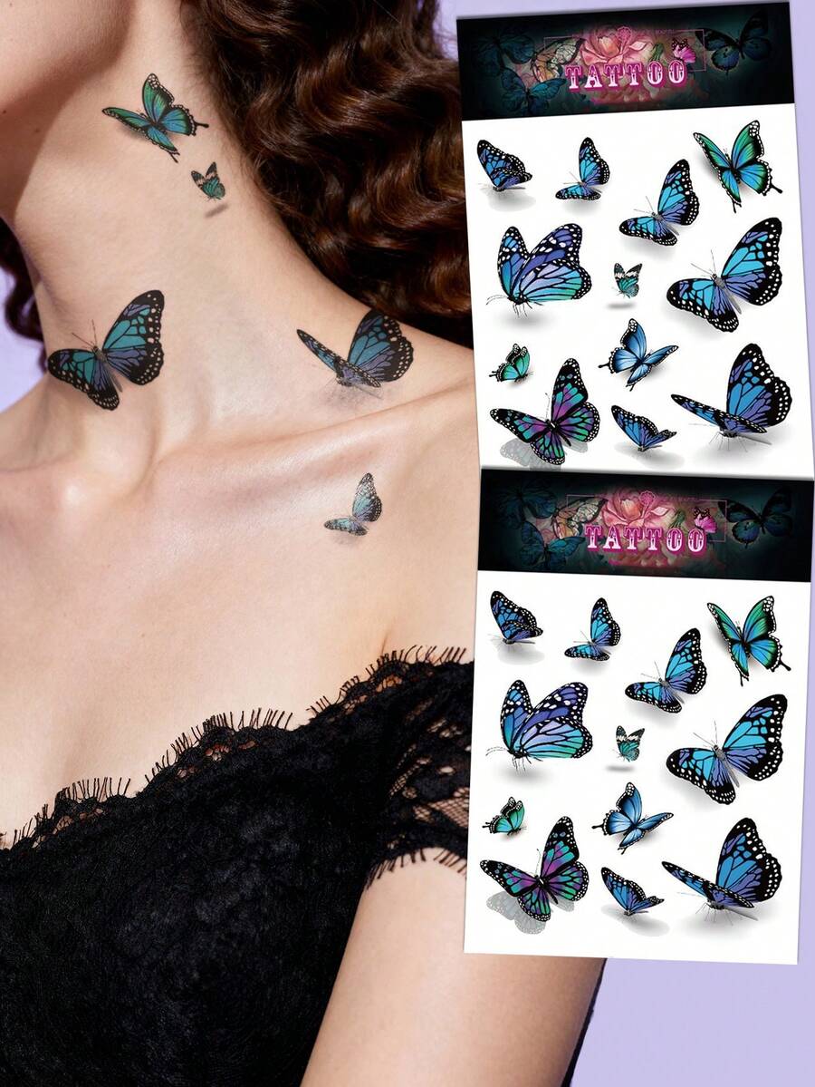 2pcs Small Floral Arm Tattoos - Realistic 3D Butterfly Pattern Y2K Temporary Fake Tattoos, DIY For Anime Convention, Carnival, Music Festival, Valentine's Day, Party Holiday Gifts, Suitable For Wrist, Ankle, Shoulder, Neck, Collarbone, Waterproof Lifelike Tattoo Stickers - Multicolor - View 1