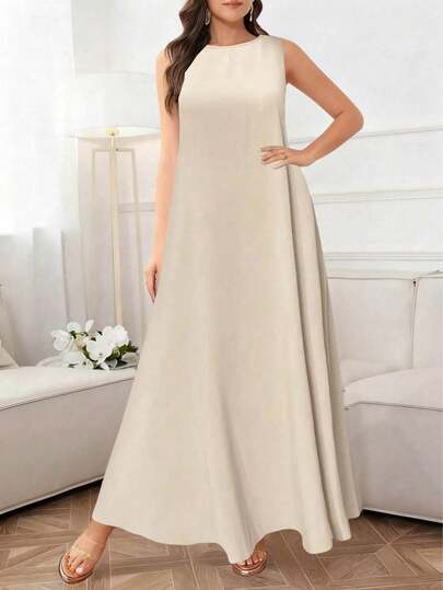 Gaun Wanita Elegan Warna Polos Kasual Leher Bulat Tanpa Lengan Longgar, Musim Panas