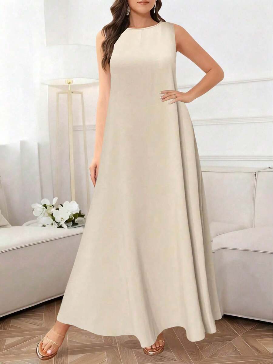 女士优雅纯色休闲圆领无袖宽松连衣裙，夏季 - 杏色 - 查看 1