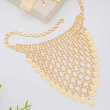 1pc 18K Gold Plated V-Shaped Bib Necklace With Starry Sky, Engraved Ancient Coin & Tassel Pendant, Fashionable Dubai Style Bridal Wedding Jewelry, Elegant Luxury Gift For Lover, Mom, Sister, Best Friend - Gold - View 2