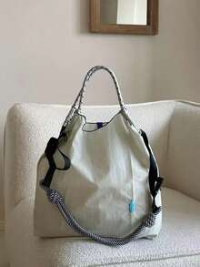 1件新款休閒刺繡藍色瓶子圖案輕量尼龍大容量購物包 通勤女款單肩斜挎托特包 - 彩色 - 查看 15