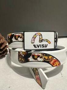 Maneki-Neko Pattern Automatic Buckle Belt, White Faux Leather Casual Versatile Fashion Accessory - White - View 3