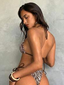 女士比基尼泳装，斑马纹撞色露背吊带性感系带上衣，侧边系带三角泳裤，可调节，适合户外沙滩派对、假日沙滩装、夏季度假等场合。 - 棕色 - 查看 2