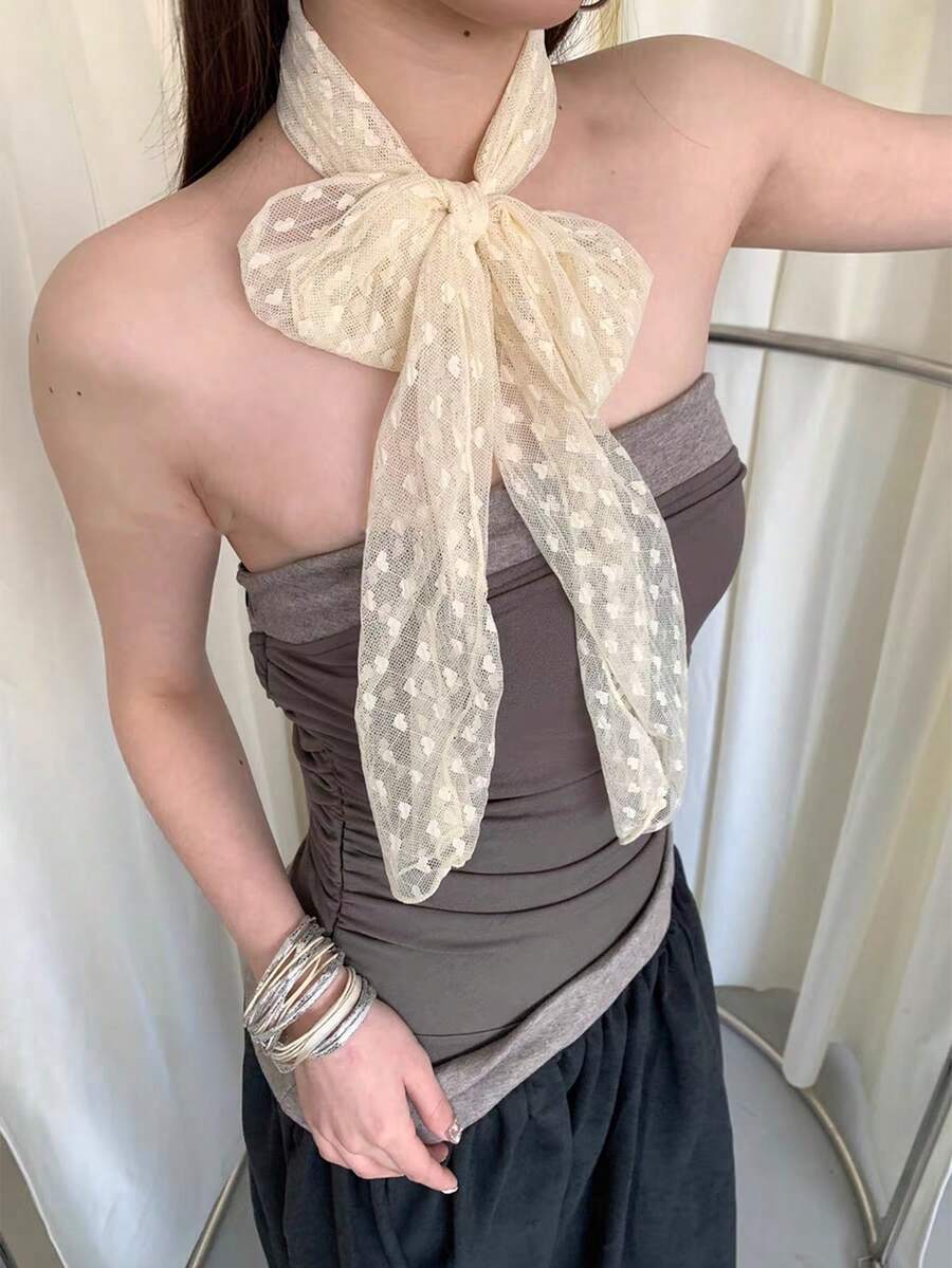 1PC Lace Heart Polka Dot Silk Scarf For Women - Spring/Summer New Arrival Long, Lightweight Neck Scarf In Literary Style Tie-Neck Ribbon Design - Beige - View 1