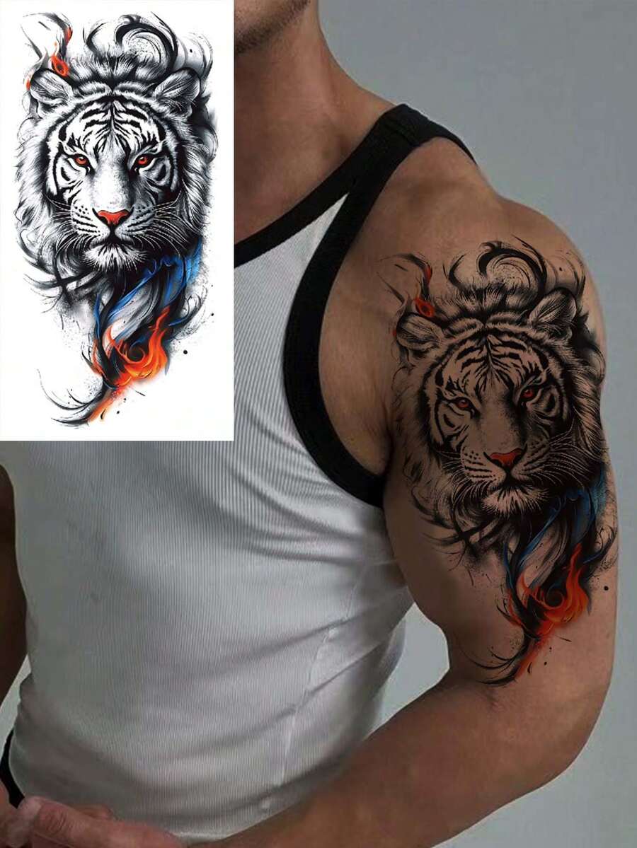 手绘老虎临时纹身贴纸,防水手臂和大腿假纹身,彩色狼图案,男女通用,大号半臂尺寸,临时纹身,防水,逼真纹身效果,小众设计 - 黑色 - 查看 1
