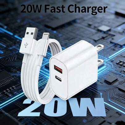 20W 快充墙式适配器 + 100cm 高效数据传输快充线，美规插头快充适配器，兼容 14 Pro Max/14 Pro/14 Plus/14/13/12/11/XS/XR/8/7/6 系列