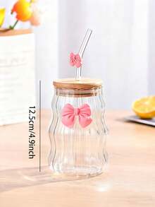 One Glass With A Bamboo Lid And Straw, Striped Design, Suitable For Water, Iced Coffee, Milkshakes, Fruit, And Juice. Features A Pink Bow Print, Is Reusable, Perfect For Summer Drinks, And Is A Large-Capacity Portable Beverage/Juice Glass For Outdoor Travel. Ideal For Home, Office, Parties, Birthday Parties, Holidays, And Christmas. Suitable For Both Summer And Winter Use. - Clear - View 6