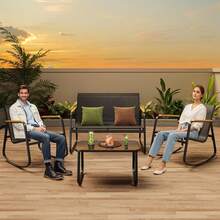 Juego de Jardín 4 Piezas Textileno Transpirable Sillas de Balanceo Mesa Vidrio Templado Mueble Exterior Resistente para Patio Terraza Clima Mexicano - Negro - Ver 5