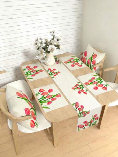 1/4/5/6/7pcs Spring & Summer Floral Decor Set, Beautiful Flower Design Living Room Decor Set, Bedroom Decor Set, Dining Room Decor Set, Linen-Like Material, Multiple Sizes Available, Dining Table Decor, Fireplace Mantel Scarf, Placemats, Coasters, Home Decor