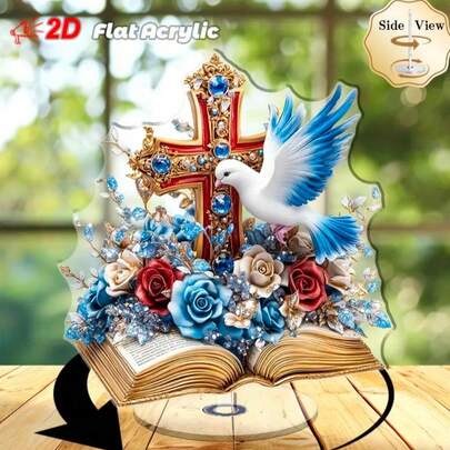2D Acrylic Rotating Desktop Decor, 1pc, Featuring A Dove On A Golden Cross, Suitable For Elegant Home Decor And Spiritual Inspiration, Independence Day Decoration, Decorative Plaque And Sign, 2D Plane