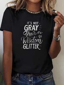 Camiseta Gráfica para Mujer "Grey Hair Wisdom Glitter" - Cuello Redondo Suave, Manga Corta, Estilo Casual para Primavera y Verano, Negra con Letras Blancas, Camisetas para Damas - Negro - Ver 6