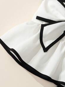 BASUSARRI Girls' Commuting Chic White Contrast Color Wide Strap Big Bow Tie Crop Top And Straight Leg 3/4 Pants Suit, Versatile Fashion - Black and White - View 7