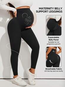 Women's Solid Color High Elasticity Maternity Leggings With Abdominal Support - Black - View 5