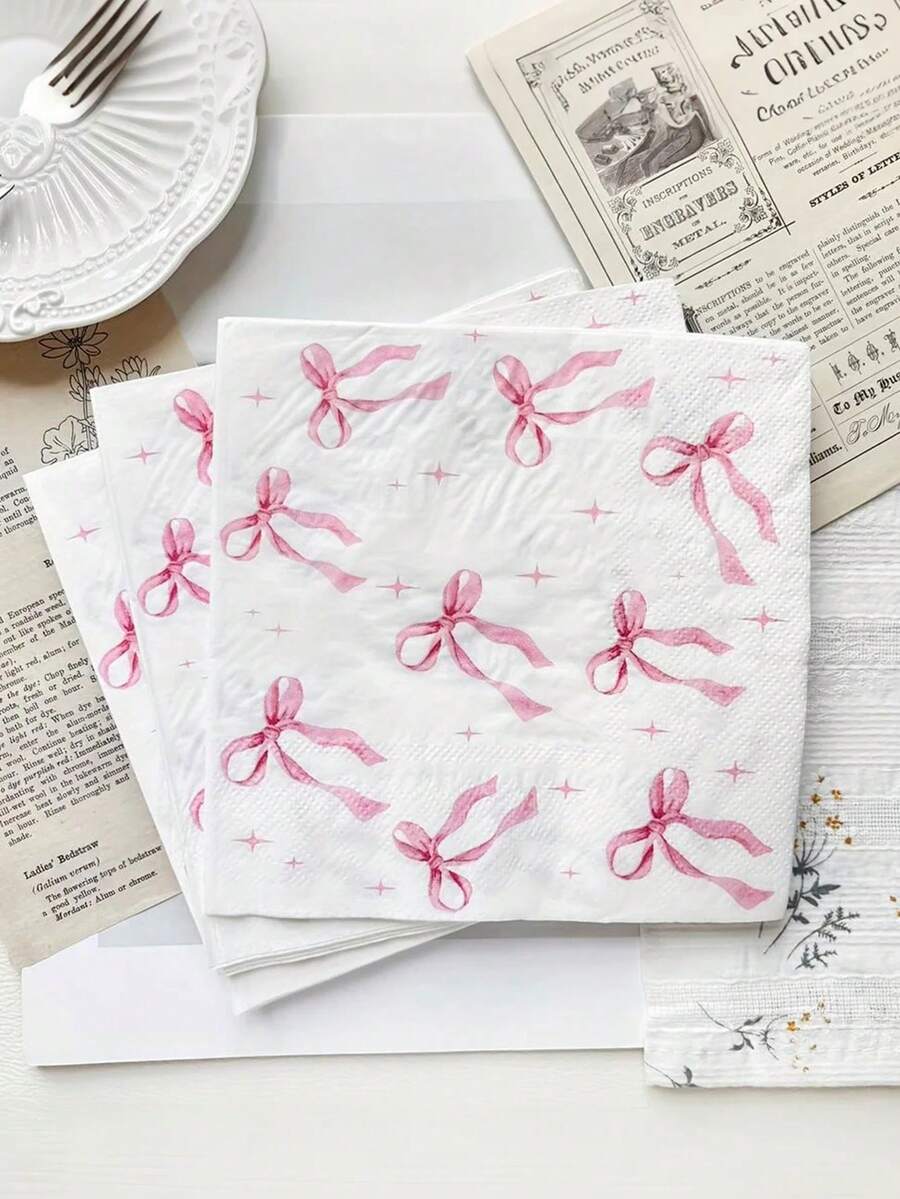 20 pezzi Tovaglioli rosa con fiocco, adatti per feste di compleanno, festa di nascità, matrimoni, fidanzamenti, feste per la rivelazione del sesso, raduni familiari, bar, ristoranti e hotel, stoviglie monouso - Multicolore - Visualizzare 1