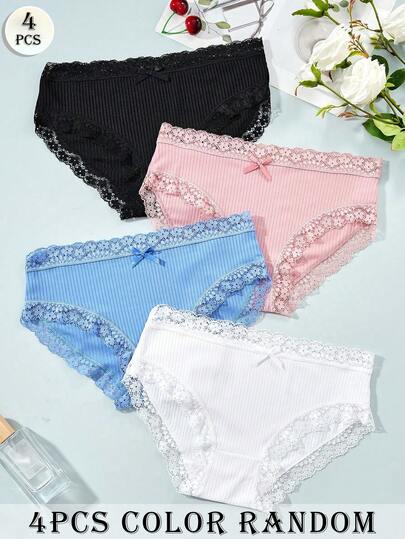 APRSEA 4 piezas/paquete Bragas con encaje de unicolor aleatorio para mujer, bragas sexy sin entrepierna de color negro