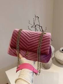1 pièce Sac à épaule matelassé en velours rose brodé avec chaîne, convient pour un usage quotidien, les déplacements, les sorties et les cadeaux - Rose bonbon - Voir 5