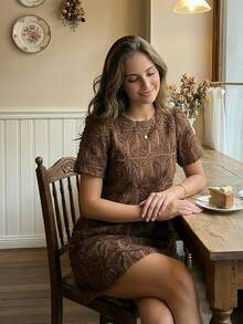 【天使之吻】法式优雅中长连衣裙，2026春夏新品，高端圆领度假风短款连衣裙 - 咖啡 - 查看 7