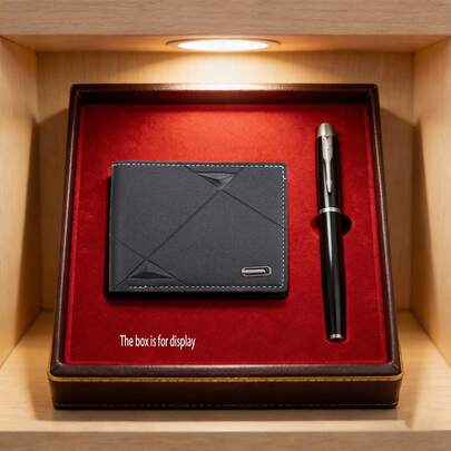 2 piezas Juego de billetera y bolígrafo minimalista de lujo para hombres, accesorios de cuero prácticos como regalo para el Día del Padre, cumpleaños, negocios, uso diario y viajes, accesorios de lujo elegantes y ligeros para hombres billetera mini billetera monedero billetera de cuero pequeña billetera accesorios de maestro billetera vintage
