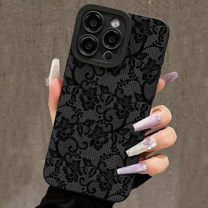 1pc Romantic Lace Pattern Black Cat Eye Full Coverage Soft Phone Case, Suitable For IPhone 11/12/13/14/15/16/17 Pro Max, Light Color Girly Style