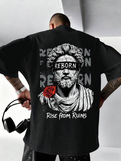 Camiseta de manga corta con cuello redondo para hombre con estampado grande de estatua, floral e inglés | Diseño exquisito | Esencial de verano | Fácil de combinar