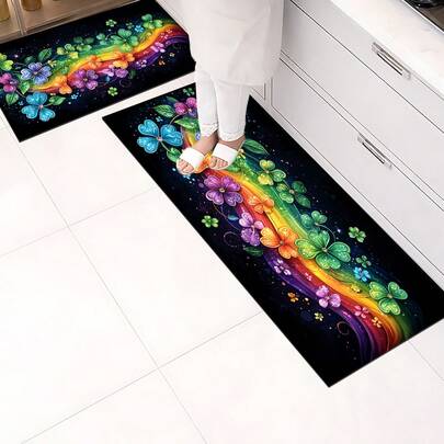 1pc Lucky Four-Leaf Clover & Rainbow Pattern Printed Silica Gel Kitchen Mat, Washable Rectangular Carpet For Living Room, Bedroom, Hallway, Bathroom, Laundry Room - Polyester Rug, Suitable For Indoor And Outdoor Home Decor