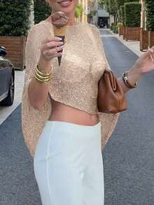 FOR BEAUTY Women's Summer New Knit Top, Casual Style, Apricot Solid Color Loose Off-Shoulder Cover-Up, Bohemian Style, Suitable For Beach And Vacation - Warm Apricot - View 5